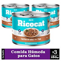 Pack x3 Comida Húmeda Gato Ricocat Filetitos Pavo 160gr